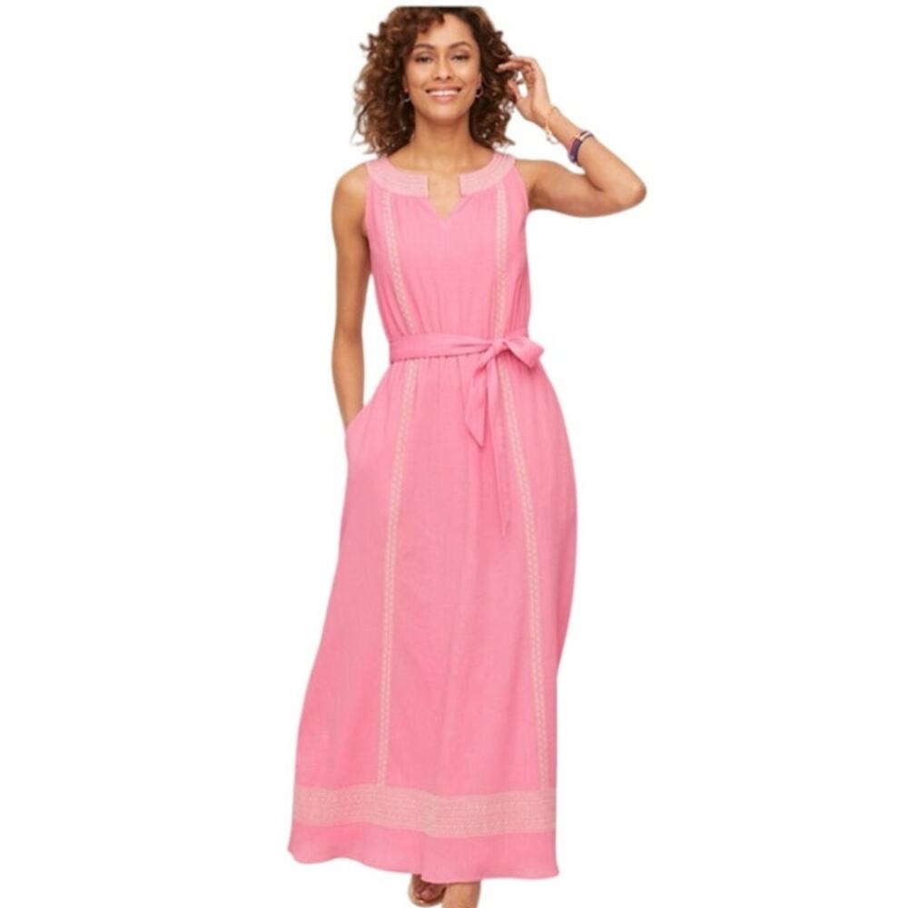 Talbots Women's‎ 6 Linen Embroidered Baby Pink Midi Dress Boho Romantic Flowy